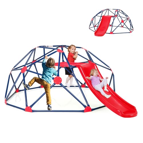 GOPLUS 2 en 1 Cúpula de Escalada con Columpio, Escalera Geométrica de Metal Estable, Carga 150 kg, Estructura de Escalada Exterior e Interior para Niños de 3+ Años (Rojo)