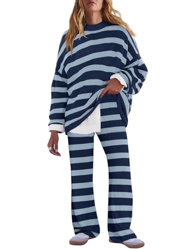 Image of LAMISSCHE Oversized Womens Lounge Set Striped Sweater Set Long Sleeve 2 Piece Pajama Set Top and Pants with Pockets