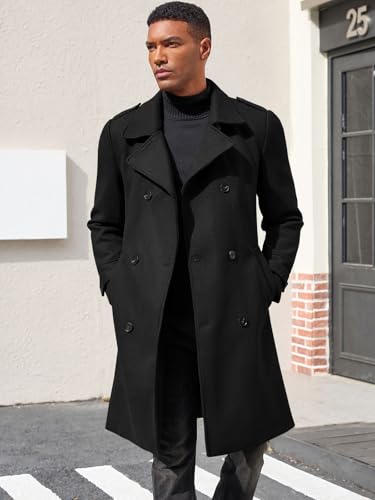 Ryannology Men's Notched Collar Trench Coat Double Breasted Long Winter Pea Coats Windbreaker Business Wool Blend Jacket2
