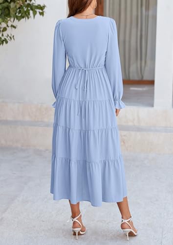 PRETTYGARDEN Long Sleeve Dress for Women 2025 Fall V Neck Tiered Aline Spring Elegant Modest Flowy Wedding Guest Maxi Dresses
