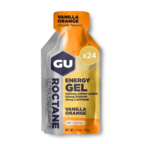 Image of GU Energy Roctane Ultra Endurance Energy Gel, Vegan, Gluten-Free, Kosher, and Dairy-Free On-The-Go Sports Nutrition for Running, Biking, Hiking or Skiing, Vanilla Orange (24 Packets)