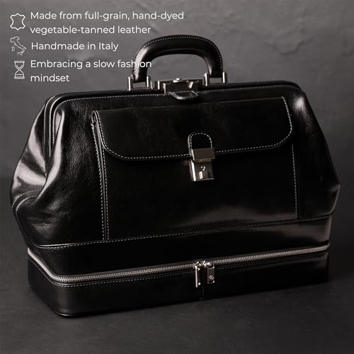 Time Resistance Leather Doctor Bag - Italian Handmade Medical Bag - Vintage Style Leather Handbag - Leather Briefcase for Men and Women - Top Handle Gladstone Bag