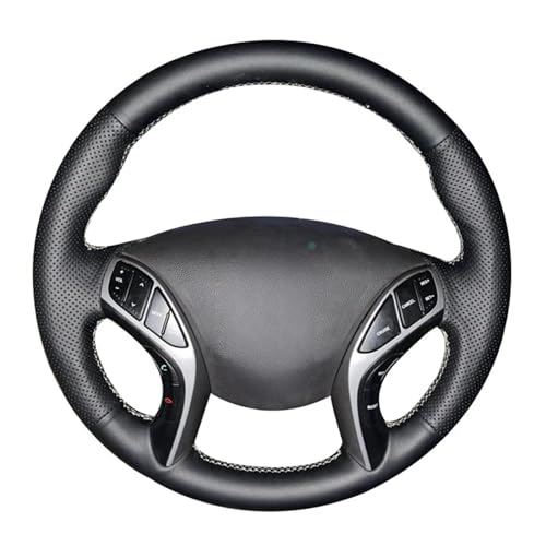 for Hy-undai Elantra 2011-2016 Avante i30 2012-2016, Hand Sewing Non-Slip Black Leather Car Steering Wheel Braid Cover