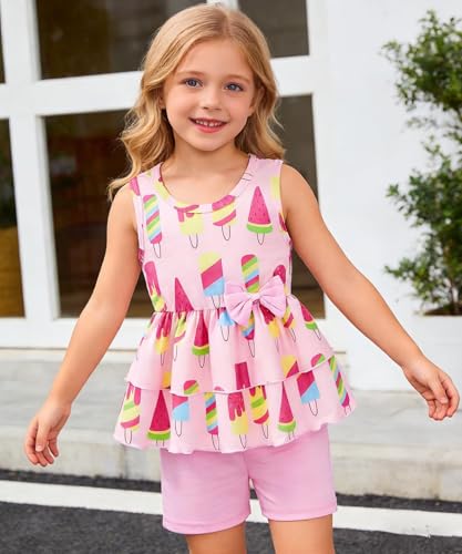Image of Girls 2 Piece Outfit Summer Short Set Sleeveless Bow Knot Tank Top and Shorts Cute Clothes for Toddler Girls