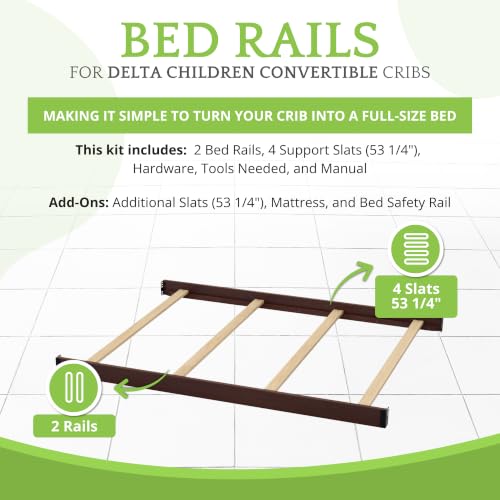 Image of Full-Size Conversion Kit Bed Rails Compatible with Delta Children Convertible Cribs - Solid Wood Rail #0050 - Toddler and Adult Bed Rail for Full-Size Beds - Baby Furniture (Walnut Espresso - 1324)