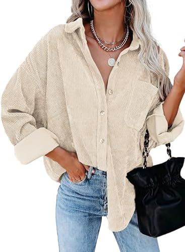 Womens Oversized Corduroy Button Down Shirt Shacket with Pocket