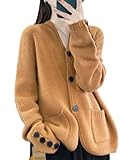Women Wool Blend Knit Sweater V-Neck Cardigan Sweater Solid Pocket Knit Cardigan Jacket Jin Brown Gray One Size