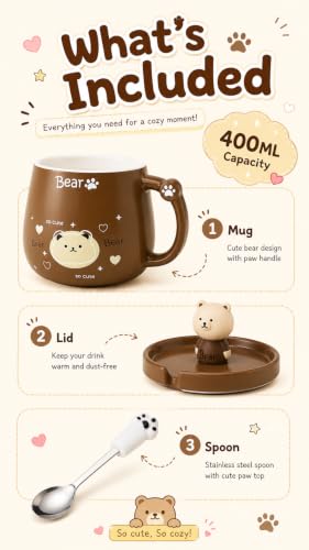 NQQNQQ Bear/Beige 400ML Ceramic Coffee Mug with Lid and Claw Spoon, Cute Bear-Themed Mug for Tea & Coffee for Holidays and Celebrations - image 3