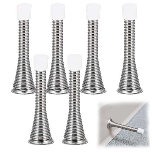 XiangSKY 6 Pcs Spring Door Stop, Spring Door Stopper Wall Mounted Chrome Spring Door Stop, Sprung Stopper Skirting Board Buffer, with 3 Pcs Replacement Rubber Tip