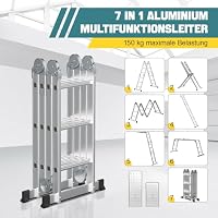 Ansobea 3.6M Aluminium Mehrzweckleiter 4x3 Stufen,Multifunktionsleiter mit plattform, Alu Leiter mit 2 Gerüstplatten, Klappleiter 16 Stufen, Trittleiter bis 150 kg, Haushaltsleiter Silber – Ansicht 4