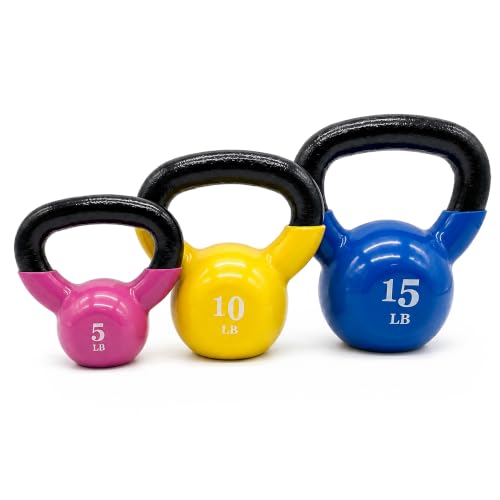 Fitvids Vinyl-Coated Kettlebell Set, 5/10/15 Pound Options, Multicolor