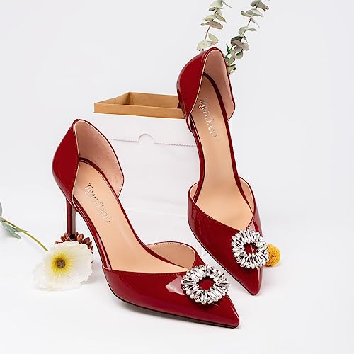 TNYNFBEB Women Mid Heel Close Pointed Toe Pumps Slip-on Rhinestone Crystal Wedding Party Cute Basic Classic 3.2 Inches Heels3