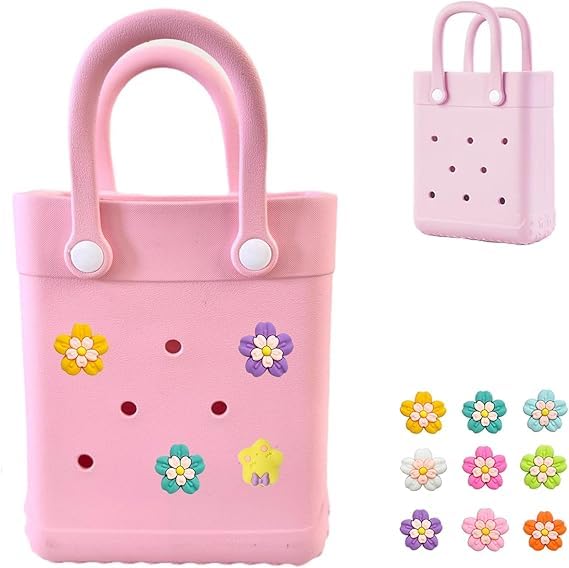 Mini Rubber Tote Bag, Small Waterproof Beach Handbag, Lightweight Washable Tote for Beach Pool Travel, With Adjustable Strap