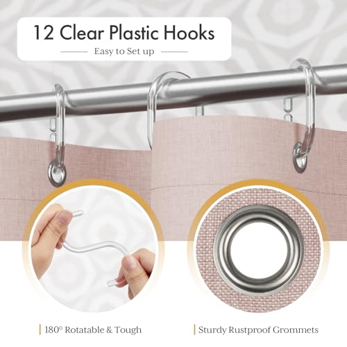 Image of AmazerBath Pink Boho Shower Curtain with Tassels, Modern Farmhouse Shower Curtains for Bathroom, Pink Shower Curtain Fabric, Rustic Faux Linen Shower Curtain Set with Hooks, 72x72 Inches