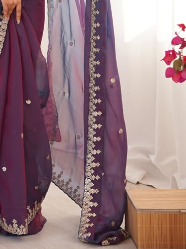 Image of AKHILAM Women's Shimmer Chiffon Sequence Embroidery Saree With Unstitched Blouse Piece(AARYAN21601 KR Parent)