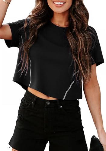 Terecey Camiseta Mujer Verano Cortas de Moda Top Corto Casual Estilo Crop T-Shirt de Manga Corta para Diario Streetwear Fitness Casual