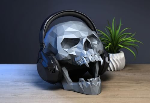 Image of Skull Headphone Stand Collection - 3D Printed Dragon, Cyborg & Scream Skull Headset Holders, Gothic & Fantasy Desk Accessories for Gaming and Office Setups, Durable PLA Display Stands (Grey, Scream Skull Headphone Stand)