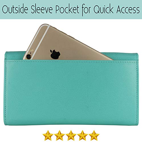 Image of Women's Top Grain Leather Wallet, RFID Blocking Bifold clutch, 17 Card Slots, Zip Pocket Organizer, Elegant Gift for Women - Birthday, Valentine, Anniversary - AQUA