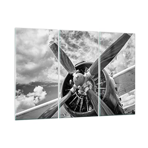 Moderne Impression sur Verre 165x110cm Image Tableau en Verre Decoration Murale Moteur Noir Et Blanc Hélice Grand XXL Tableaux Decoratifs Chambre Triptyque 3...