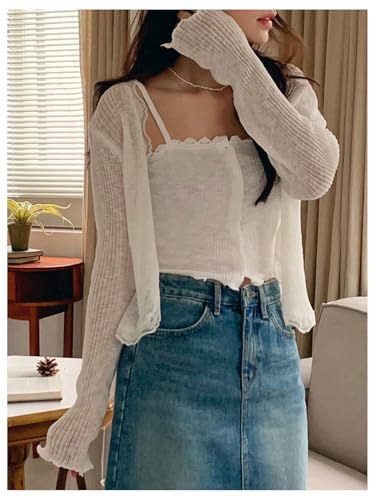GORGLITTER Women's Button Up Lightweight Cardigan Sheer Lace Trim Long Sleeve Open Front Fall Knit Tops2