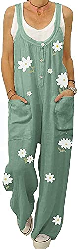 Damen Latzhose Übergröße Ärmellos Jumpsuit Boho Casual Lose Damen Gänseblümchen Druck Sommer mit Taschen Breites Bein Rouser Hosen Playsuit Strapse Overalls Gr. 52, grün Cover