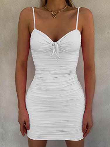 Kaximil Women's Sexy Cut Out Ruched Bodycon Spaghetti Strap Mini Club Party Dresses, Medium, White #TOP3