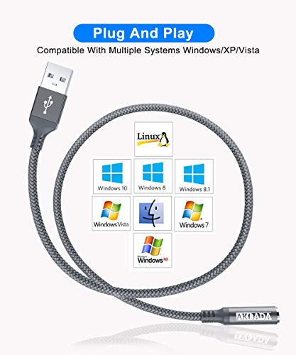 AkoaDa USB to Audio Jack Adapter (3ft), External Sound Card Jack Audio Adapter with 3.5mm Aux Stereo Converter Compatible with Headset,PC, Laptop, Linux, Desktops, PS4 and More Device (Grey)