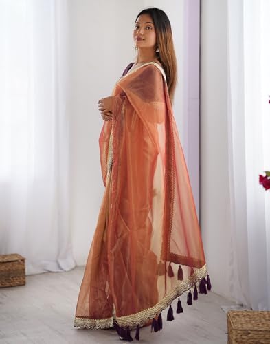 Image of SIRIL Women's Shimmer Net Lace Border Dual Tone Saree with Unstitched Blouse Piece