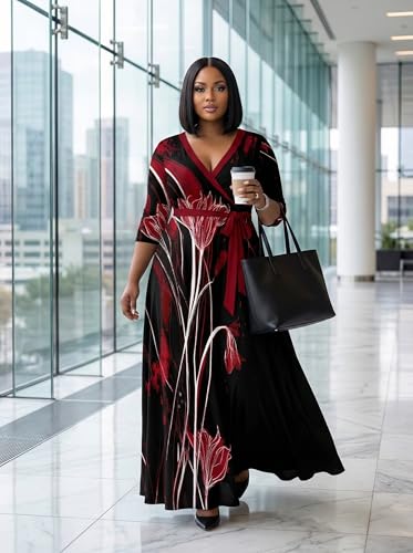 Image of SUZONANA Plus Size Dresses for Women Print Maxi Dresses Flowy 3 /4 Sleeve with Belt