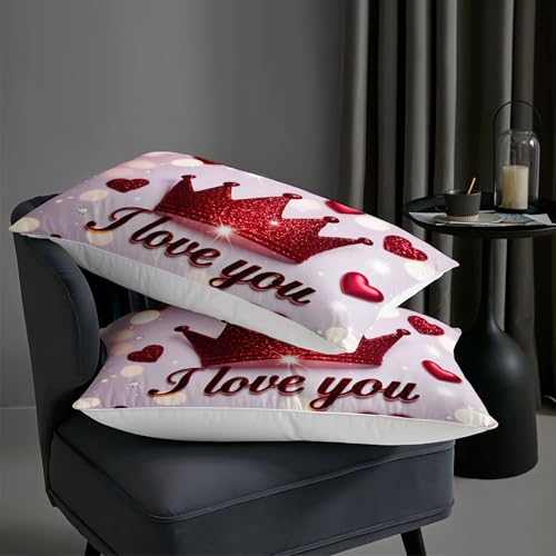 Image of AILONEN Red Crown Comforter Full Size with 2 Pillowcases,Romantic Glitter Hearts Bedding Set 3Pcs for Women Men,I Love You Print Quilt Set for Home Decor