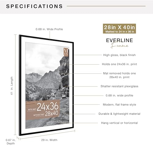 Image of MCS Everline Poster Frame, 28x40 Matted to 24x36, Black | Matted Poster Frame For Photos & Art Prints, 28x40 Inch Outer, 24x36 Inch Picture Window, Black Finish, 1-Pack
