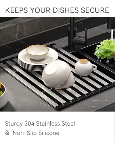 Hemompito 17.72" Dish Drying Rack Over the Sink, 1.28lb Heavy-Duty 304 Stainless Steel, Non-Slip Silicone Edges, Folding Space-Saving for Home & RV Kitchen, Dish Drainer, Cooling Rack & Sink Cover - image 3