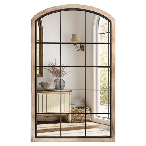 Arch Window Mirror, 30X48 Farmhouse Wall Mirror, Wood Framed Rustic With Metal Inner Frame, Decorative for Entryway & Living Room, Natural