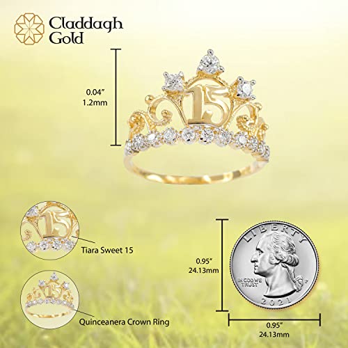 14K Yellow Gold White Cubic Zirconia Tiara Crown Sweet 15 Años Milgrain Quinceanera Statement Ring - Size 83