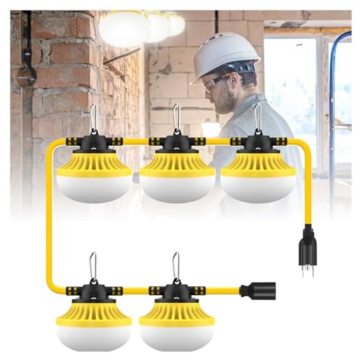 alitade 50FT LED Work Light, 50W & 5000LM Construction String Light, 5 LED Bulb Work Lights (Triple Plug) for Job Site Lighting, Construction Site, Renovation, Yard, Mine Cave with Climbing Hooks