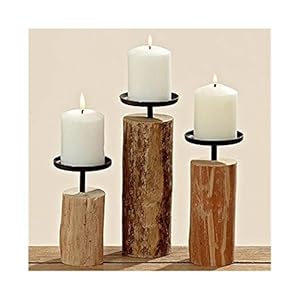 Set van 3 kandelaars van Indiaas eucalyptus hout – hoogte elk ca. 15,5 cm, 19 cm, 24 cm – diameter ca. 7,5 cm – perfect voor decoratie, kaarsen, theelichtjes en kandelaars