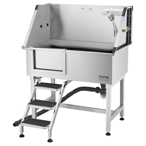 VEVOR Hundewaschstation aus Edelstahl, 961x620x1220 mm, Tierpflegewanne mit Ablagetreppe, Wasserhahn, Duschkopf & Seifenhalter, Hundebadewanne für große, mittelgroße & kleine Haustiere (Linke Tür)