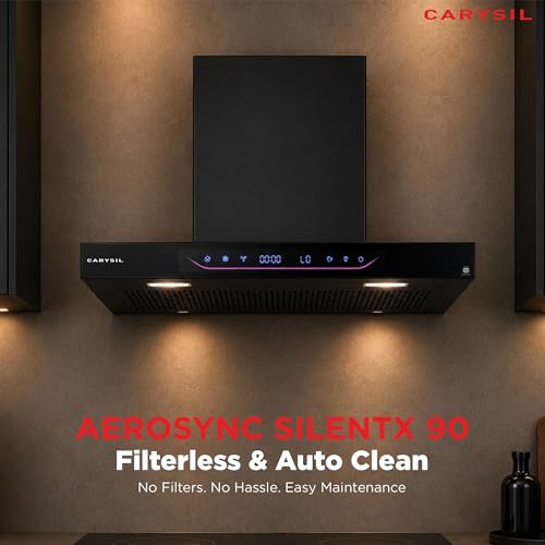 Image of Carysil AeroSync SilentX 90 cm BLDC Motor Kitchen Chimney, T-Shape, 1800 m /hr Suction, Auto-Clean Filterless, 9+ Turbo & Gesture Control, LED Lamp, 12-Year Warranty - Black