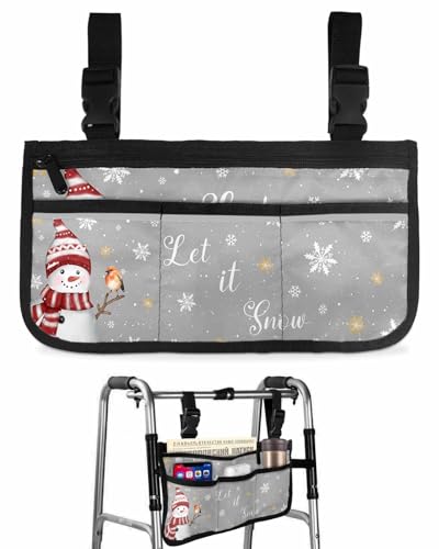 Christmas Wheelchair Side Storage Bag Snowman White Gold Snowflake Branch Bird Gray Armrest Pouch with Cup Holder and Reflective Strip Wheelchair Accessories Organizer Bags for Walkers Rollator
