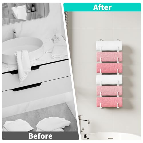 HapiRm Rolled Towel Racks for Bathroom - 6-Tier Over The Door & Wall Mounted Bathroom Towel Storage, Hanging Metal Organizer for Towels & Bath Sheets, Space Saving Rack for Bathroom, Camper, RV, White by HapiRm - Used condition - Image 8
