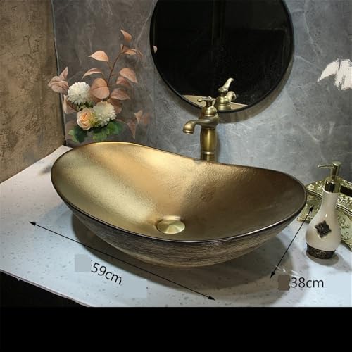 Lavabo de baño cerámico de lujo con perfil dorado aerodinámico para encimeras exclusivas 3