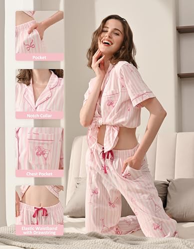 Image of NAP BOUND 100% Cotton Women's Pajama Sets Short Sleeve Button Down Soft Pjs 2 Piece Lounge Set with Pocket Nightwear XS-XXL