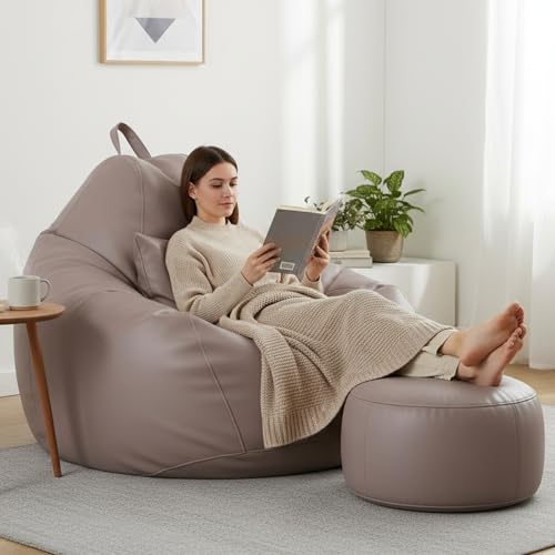Image of KAM'S LIEU 5XL Bean Bag Combo with Footrest & Cushion | Filled with High Density EPS Beans | Comfortable Sofa for Living Room & Bedroom | 6 Months Warranty, Color- (Beige, 5XL, Classic)
