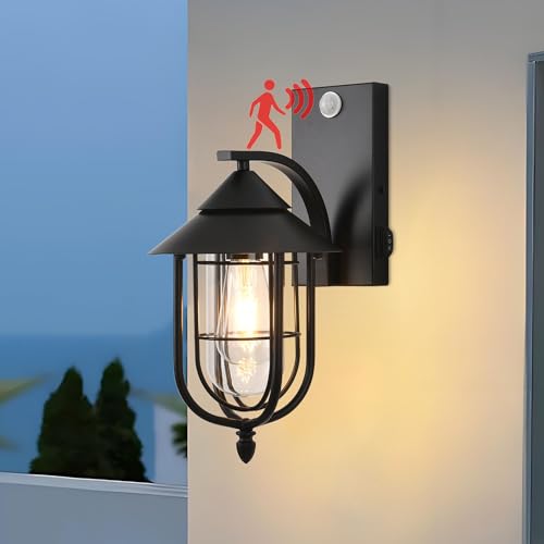 Pageone Apliques de Exterior Negro Vintage con Detector de Movimiento, Luz de Exterior de 3 Patrones con Detector de Movimiento, E27 Apliques de Exterior de Jaula de Metal y Pantalla de Cristal