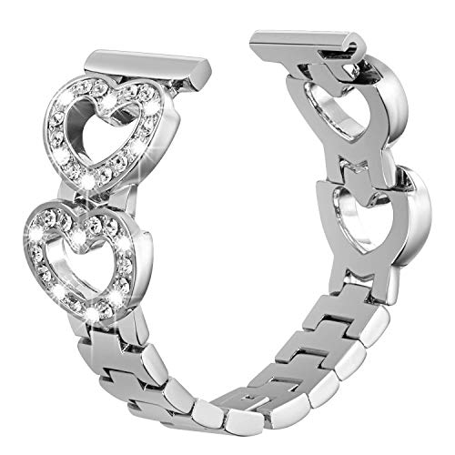 SHGM Bling Metal Bands Compatible with Samsung Galaxy Watch 6 5 4 40mm 44mm,Galaxy Watch 5 Pro Band 45mm/Watch 6 4 Classic Band 42mm 46mm 43mm 47mm/Active 2, 20mm Stainless Steel Rhinestone Heart Band for Women (Silver)