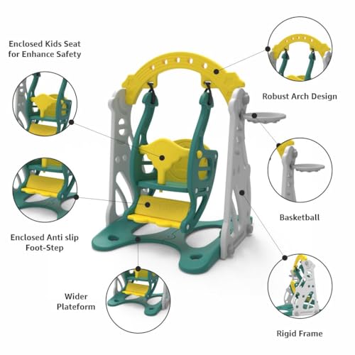 Image of Amazon Brand - Solimo (Penguin) Swing for Indoor & Outdoor Use I Swing for Age 1-4 Years I Ideal for Boys & Girls | with Climbing Frame and Basketball | Easy Assembly (Yellow & Green)