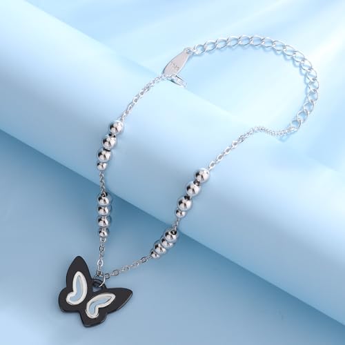 Image of 925 sterling silver Butterfly Charm Bracelet, 925 Silver Bead Chain, Black Ceramic Butterfly,Hollow out design,Suitable for Mother's Day and Valentine's Day gifts
