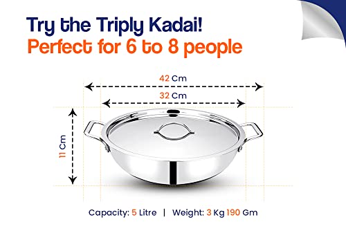 Image of Bhalaria Triply Stainless Steel Kadai with Lid & Handle 32cm 5 Litre|Induction Base Heavy Gauge 3 Layer Body|Extra Large Deep Fry Pan Wok for Sabzi & Curry|Food Grade|Gas Compatible|Dishwasher Safe
