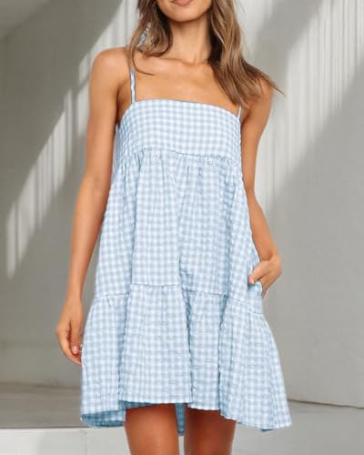 Image of Womens Summer Plaid A-line Sleeveless Casual Flowy Mini Sundress