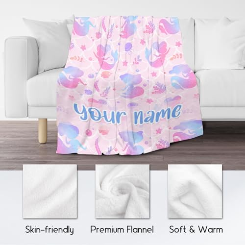 Custom Mermaid Blanket Throws with Name - 50x60 Inches Cute Throw Blanket for Girls - Blue Soft Fuzzy Blankets for Couch & Office